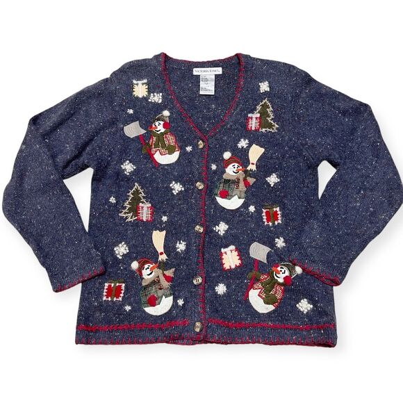 Vintage 90s Christmas Cardigan Sweater Medium Snowmen Blue Speckled Angora Tree - Picture 1 of 12
